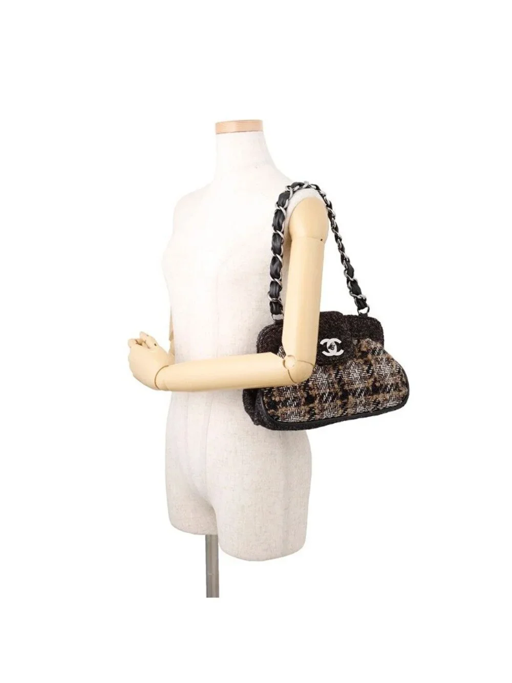 Chanel Shoulder Bag CC Logo Quilted Tweed Black